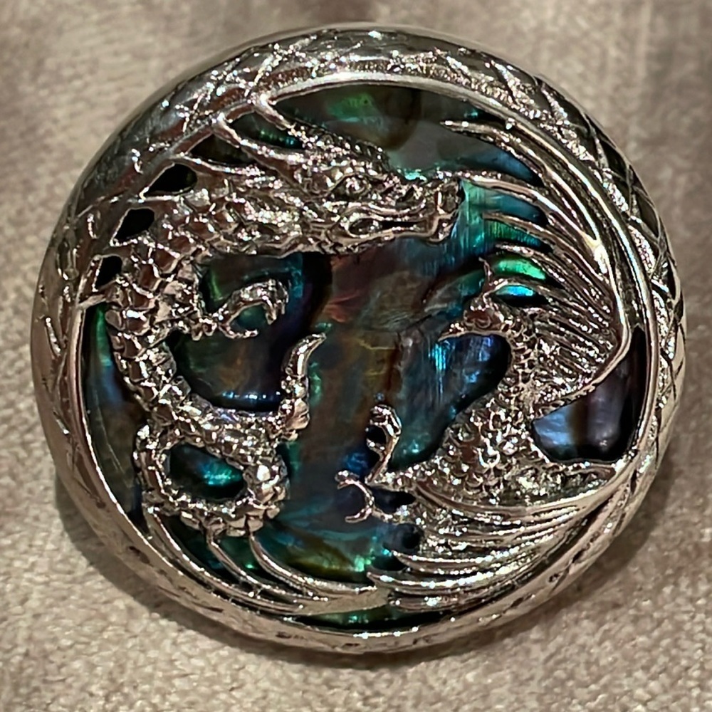Dragon & Phoenix Bird 925 Sterling Silver Abalone Ring Size 8 NWOTS